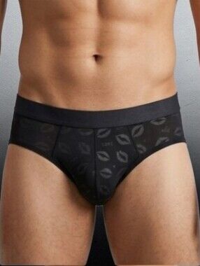 Men's Black Briefs with Lip Print